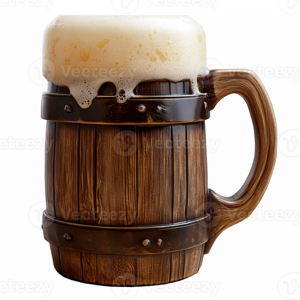 Realistic Wooden Beer Mug with Foam Perfect for Bar Decor and Beverage Promotions png