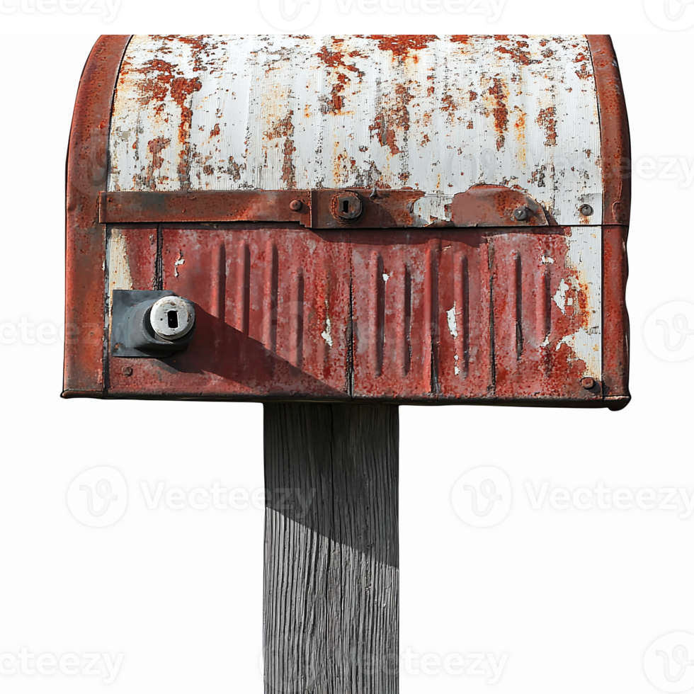 Vintage Rusty Mailbox on Post with Weathered Wood Base for Charming Home Decor png