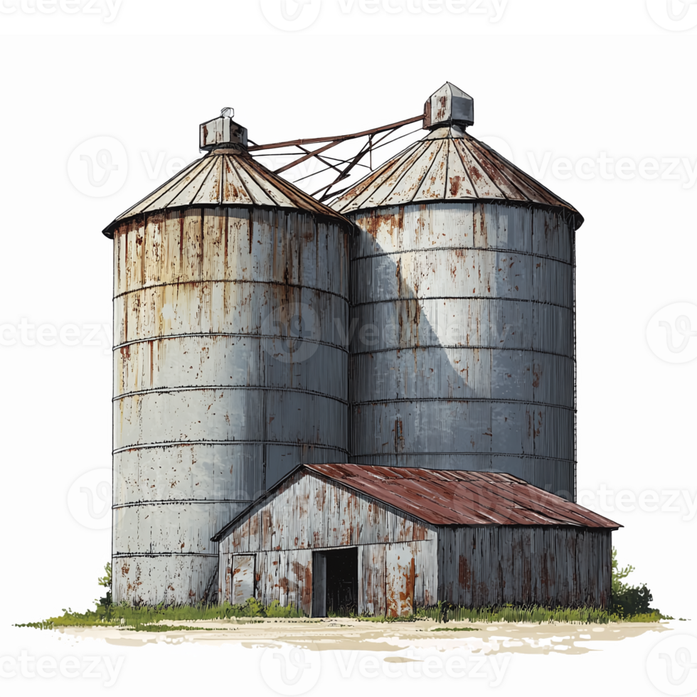 Rustic Vintage Silos and Barn Building with Weathered Texture for Farm and Agriculture Design png