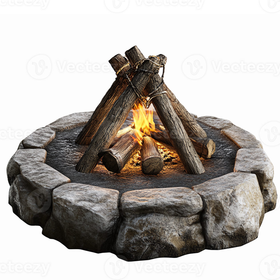 Realistic Campfire Surrounded by Stone Circle with Flames and Logs for Outdoor Scenic Designs png