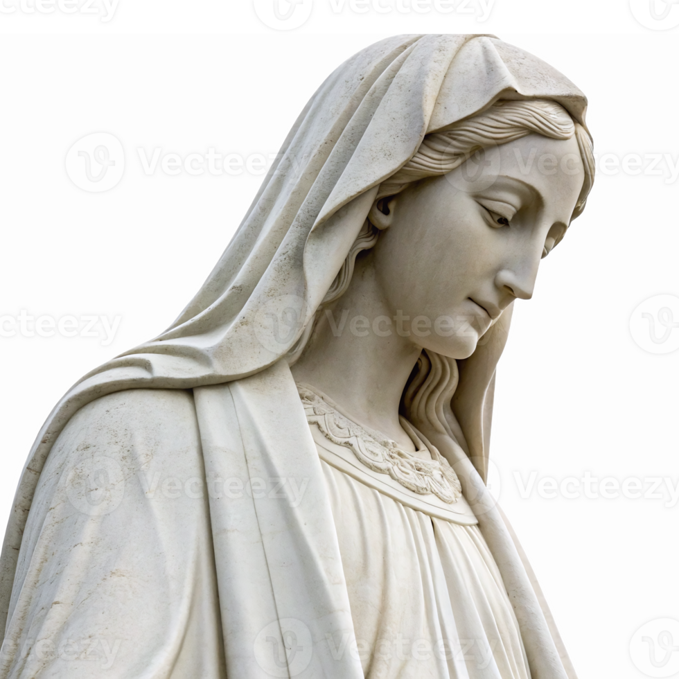Detailed Marble Statue of a Serene Virgin Mary with Graceful Drapery Ideal for Religious Themes png