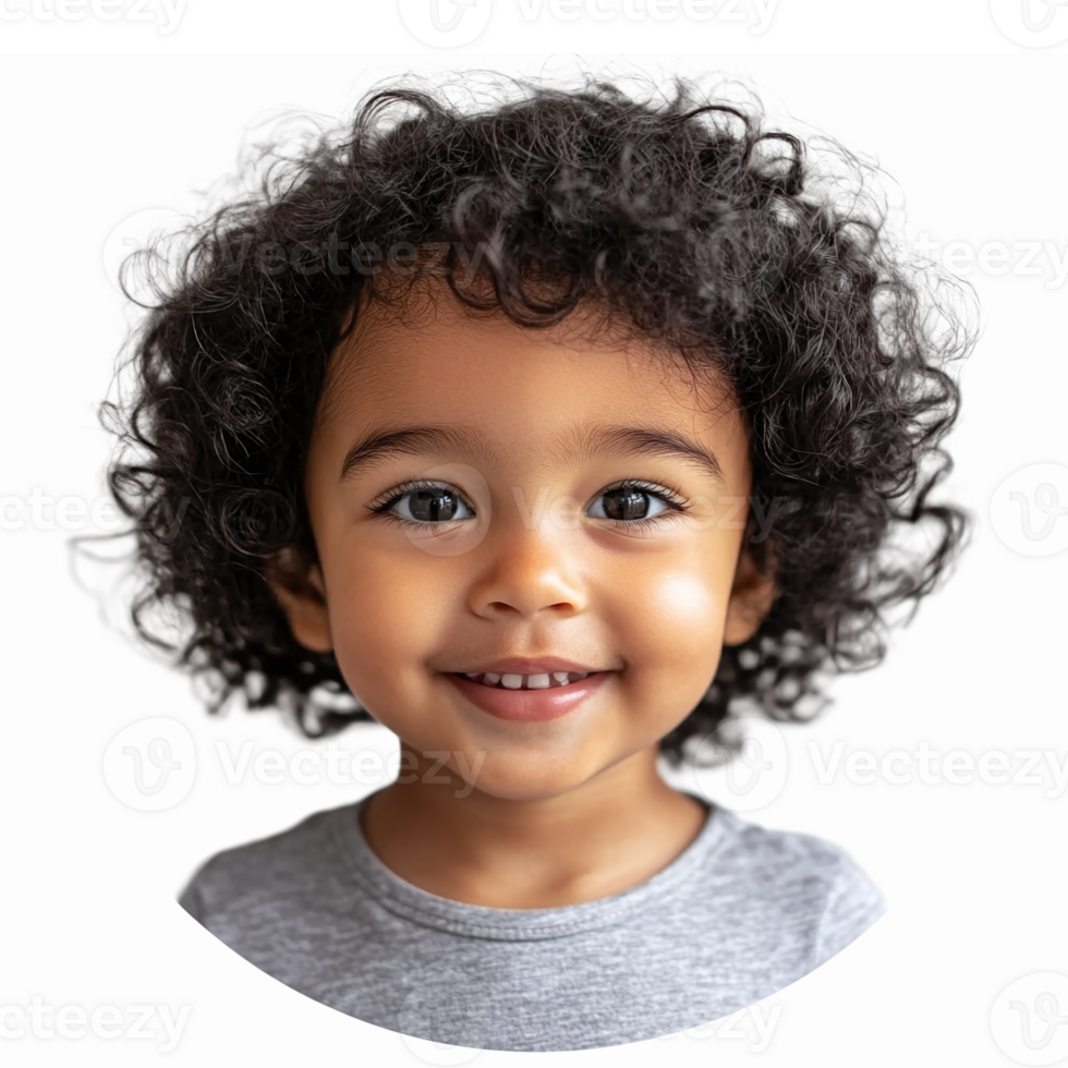 Smiling Child with Curly Hair in Gray Shirt on Transparent Background png