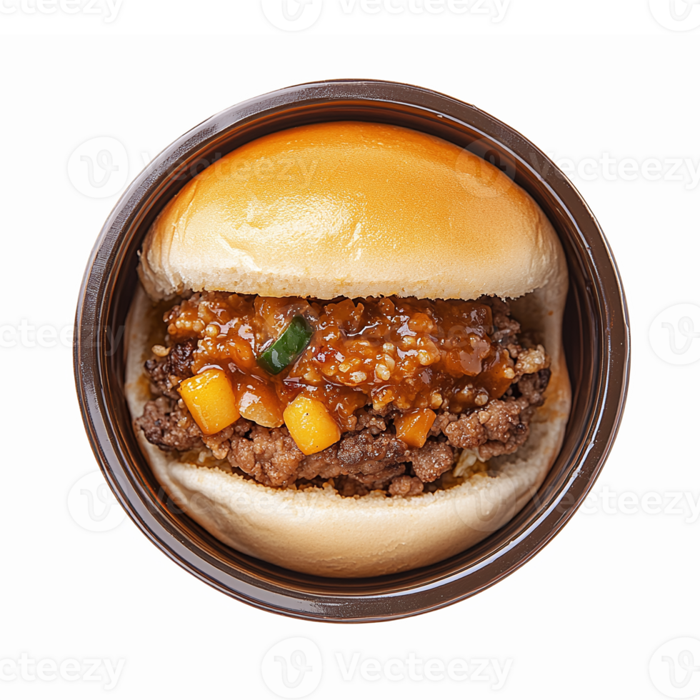 Delicious Homemade Sloppy Joe Sandwich in a Bowl with Savory Beef and Vegetables png