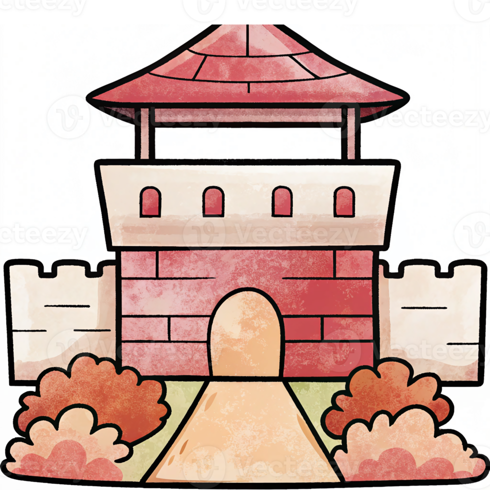 Colorful Cartoon Castle Surrounded by Lush Bushes and Pathway Ideal for Childrens Illustrations png