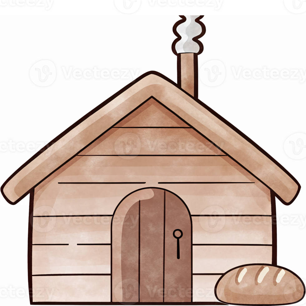 Cute Cartoon Wooden House with Chimney and Loaf of Bread on Transparent Background png