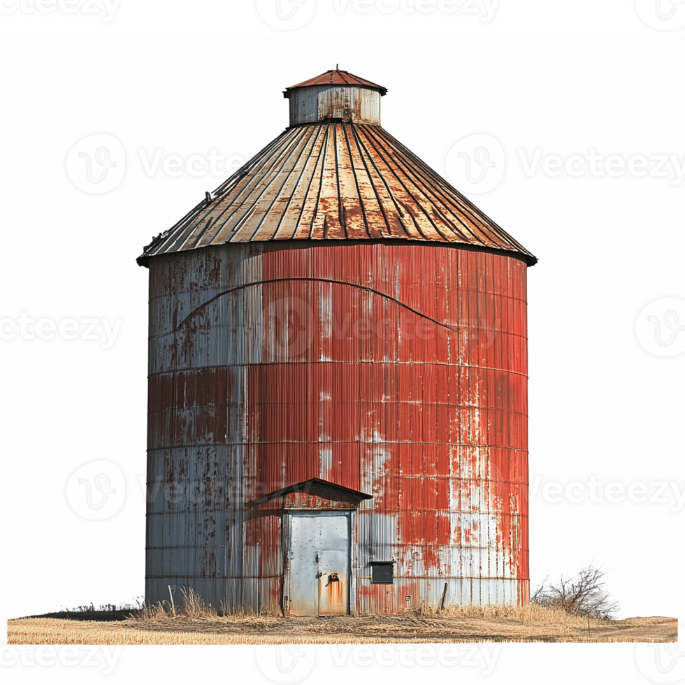 Rustic Red Metal Grain Silo on Farm Landscape with Transparent Background png