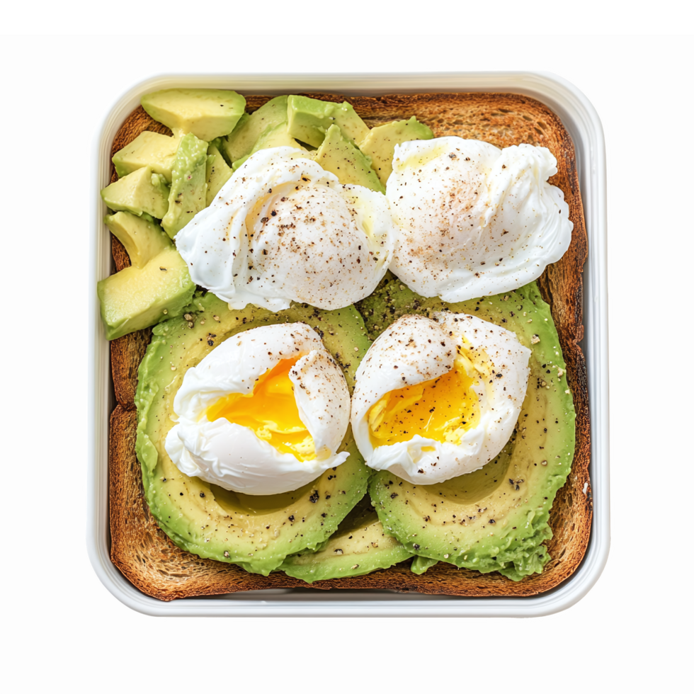 Delicious Avocado Toast with Poached Eggs and Fresh Avocado Slices on a White Plate png