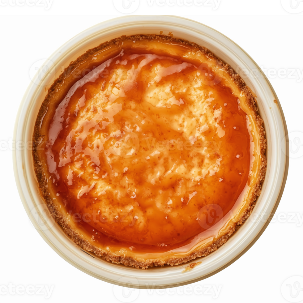 Delicious Creamy Caramel Flan Dessert in White Round Dish on Transparent Background png