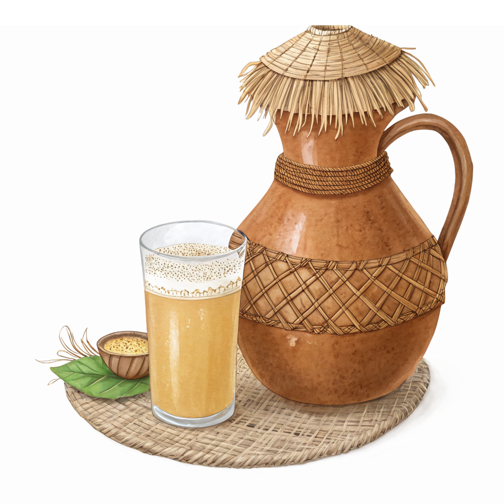 Handcrafted Clay Pot with Traditional Drink and Glass on a Rustic Surface png