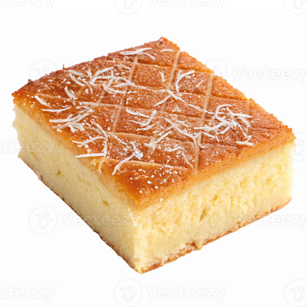 Delicious Freshly Baked Square Cake with Shredded Coconut Topping and Golden Crust png