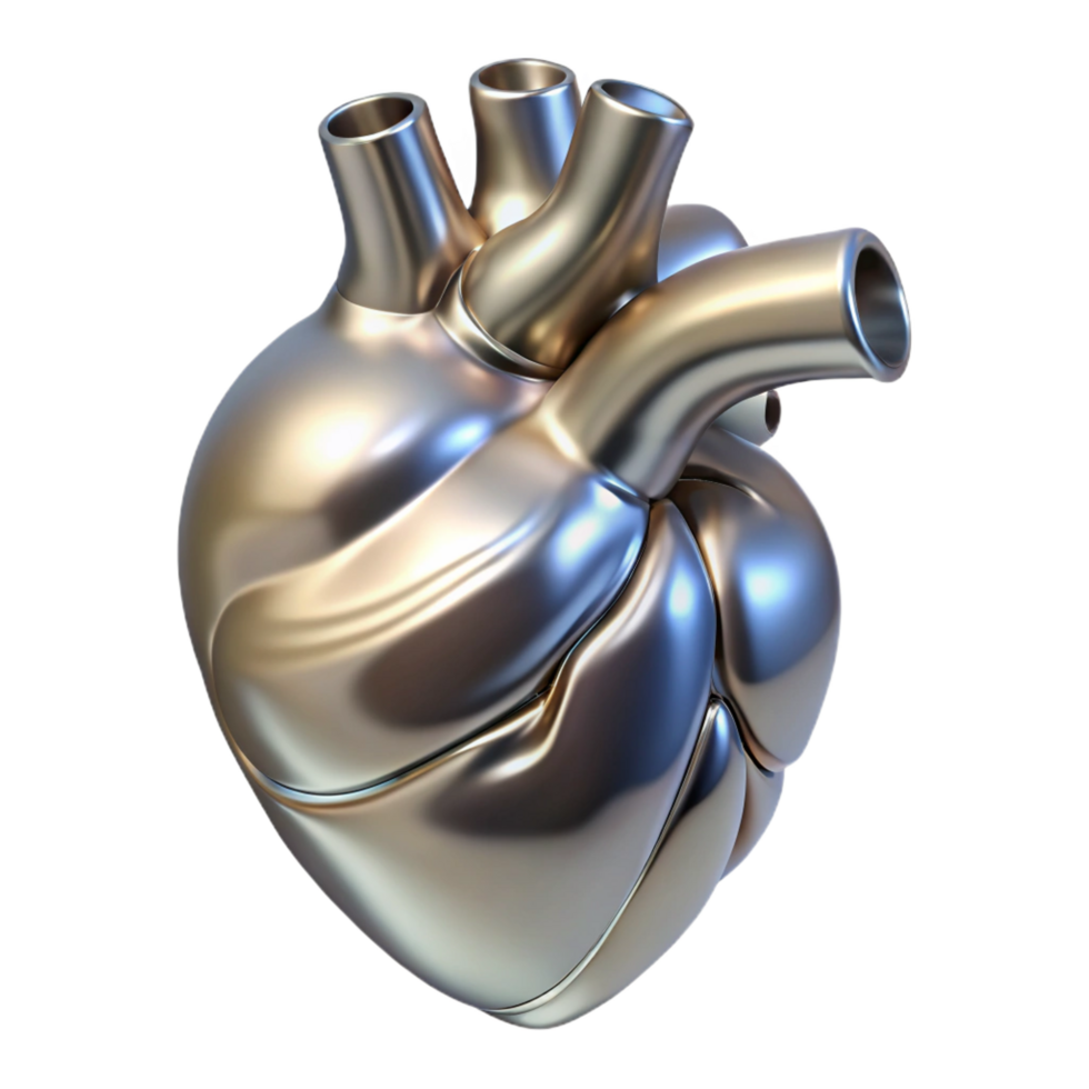 impressive contemporary A human heart, anatomically correct, metallic finish high resolution png