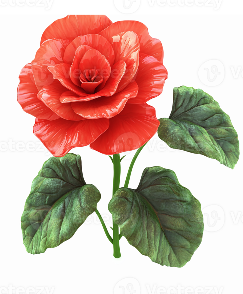 Realistic Red Rose Illustration with Green Leaves on Transparent Background for Floral Designs png