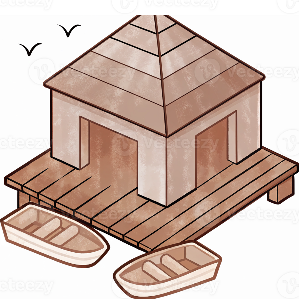 Wooden Boathouse and Boats on Dock with Natural Elements for Nature and Water Activities png