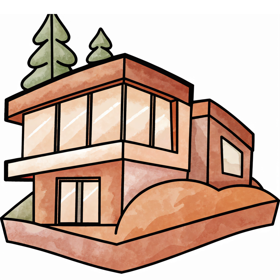 Modern Architectural House Design with Large Windows and Surrounding Trees png