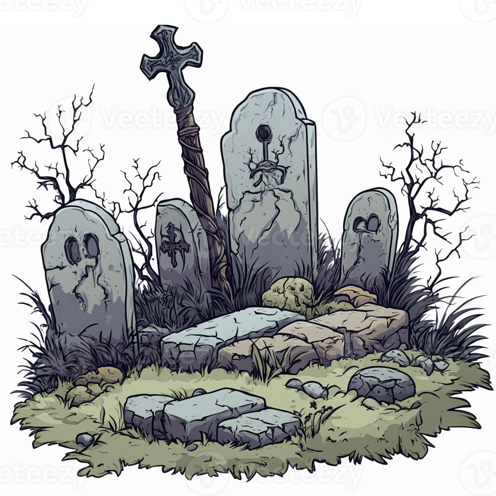 Haunted Graveyard with Weathered Tombstones and Overgrown Grass Surrounded by Creepy Vegetation png