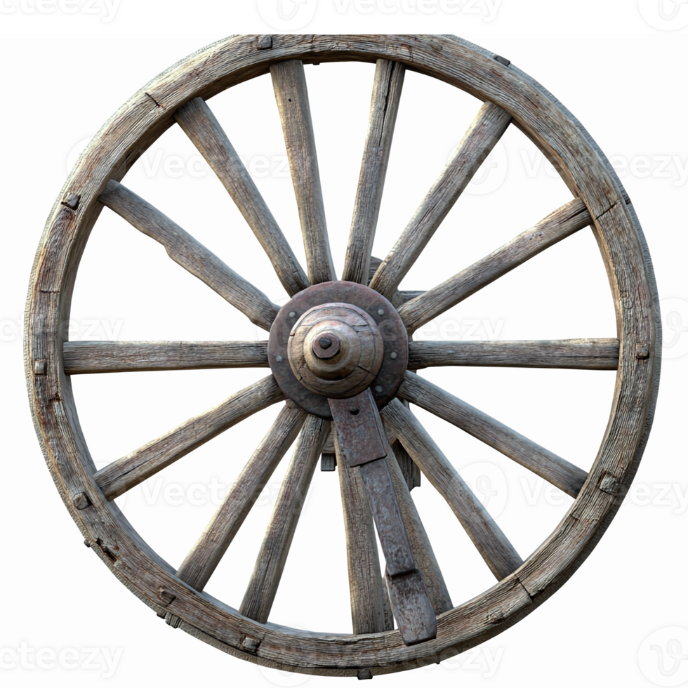 Rustic Wooden Wagon Wheel Isolated with Detailed Spokes and Center Hub for Country Decor png