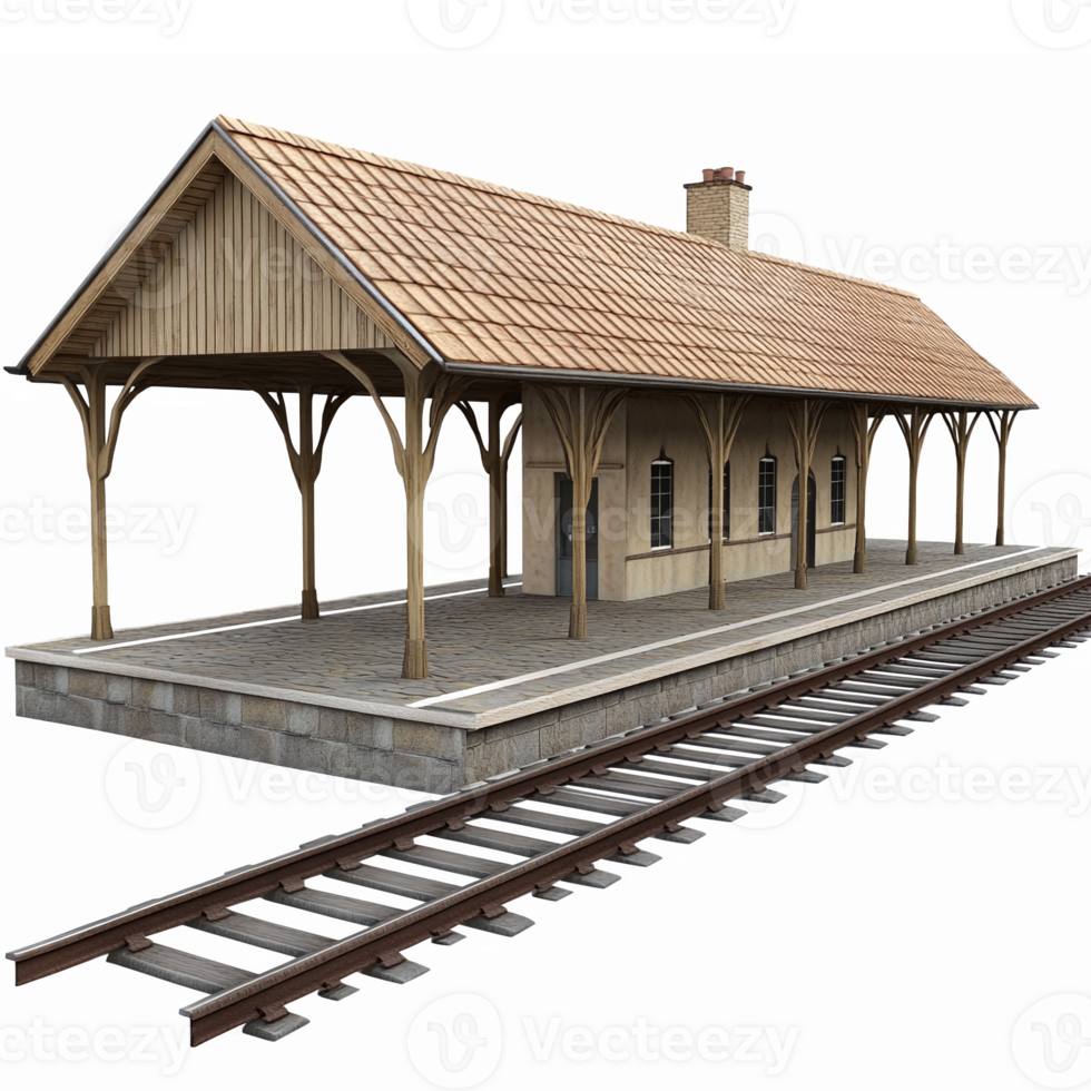 Realistic Wooden Train Station Building with Platform and Tracks in 3D Perspective View png