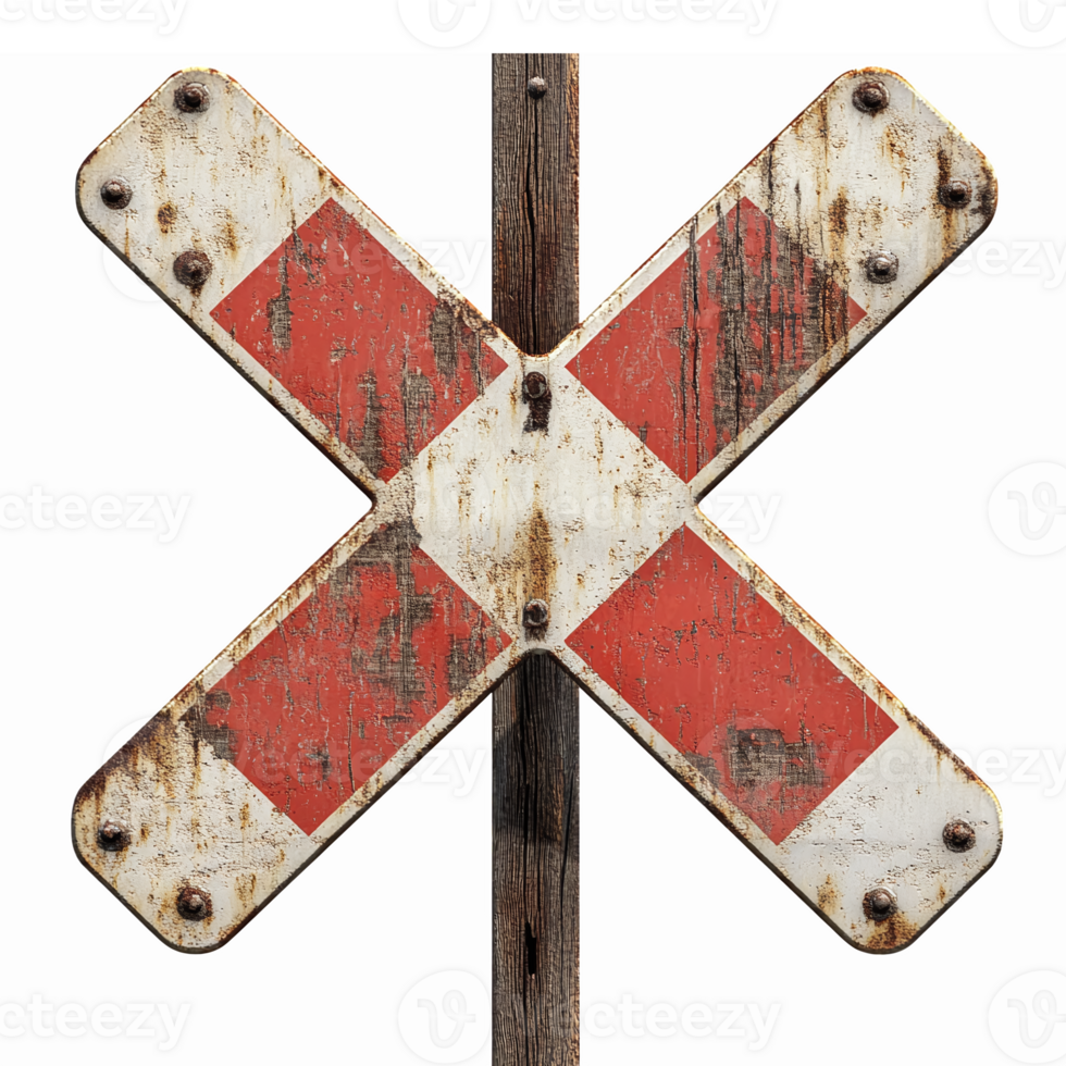 Weathered Railroad Crossing Sign with Red and White Colors on Rustic Wooden Post png