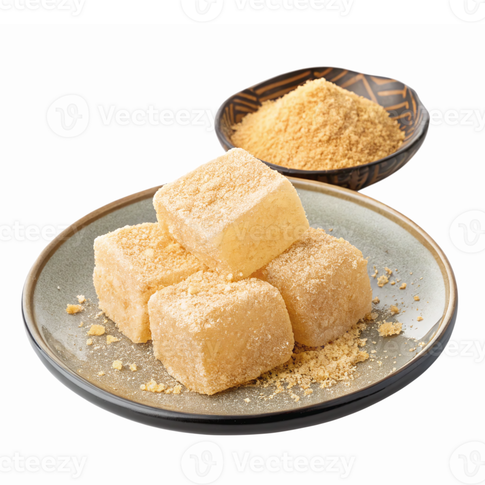 Natural Brown Sugar Cubes and Powder on Elegant Dish with Clean Background png