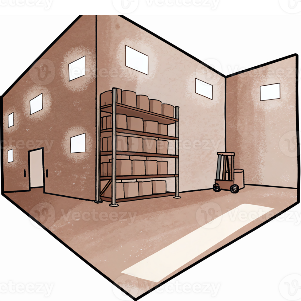 Warehouse Interior with Storage Racks Forklift and Sunlit Floor for Industrial Applications png