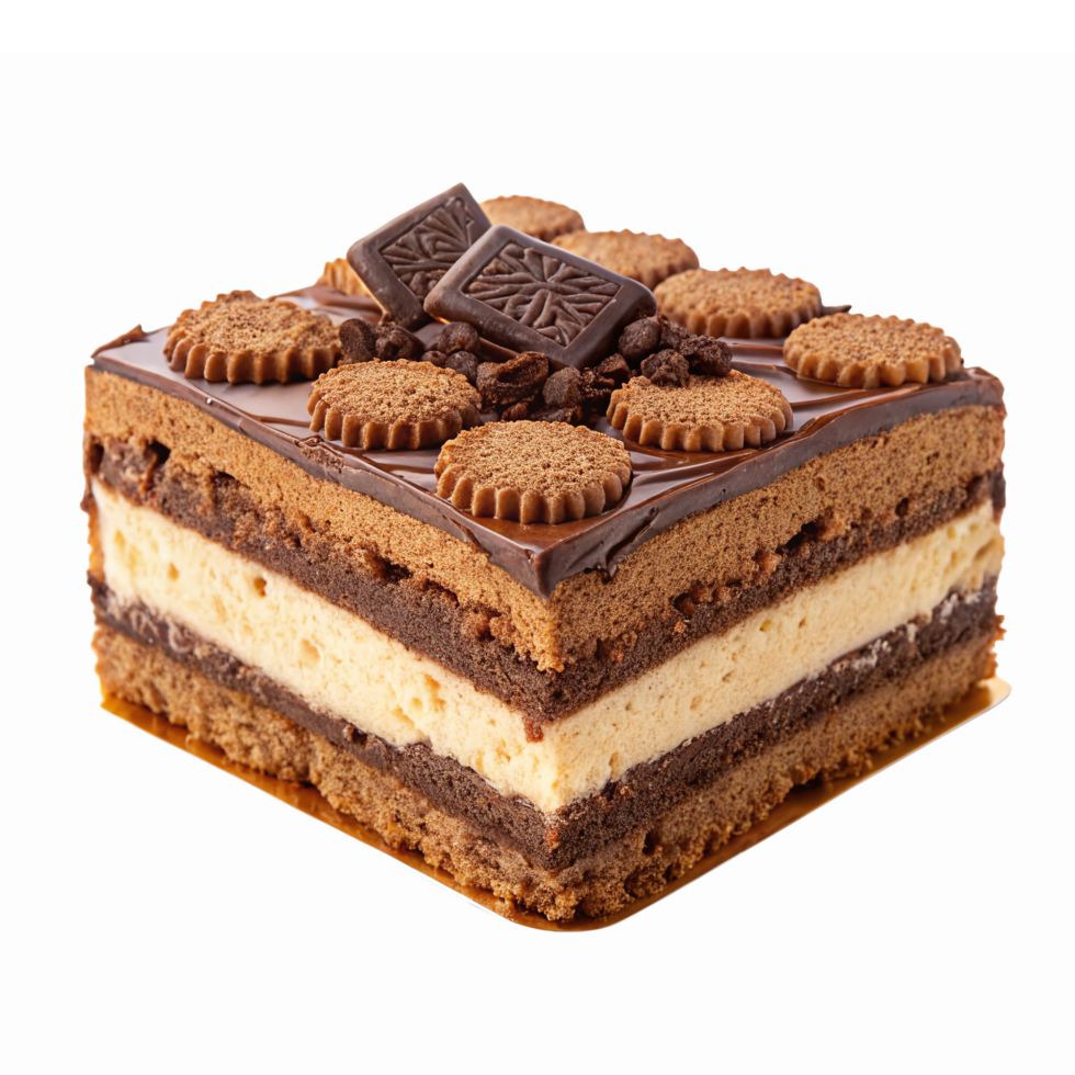 Delicious Chocolate Cream Layer Cake with Biscuit Toppings and a Velvet Texture png