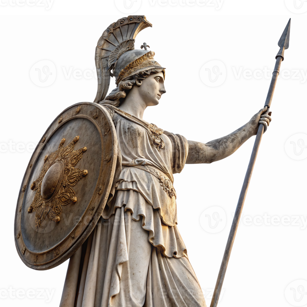 Majestic Athena Statue with Shield and Spear in Classical Design on Transparent Background png