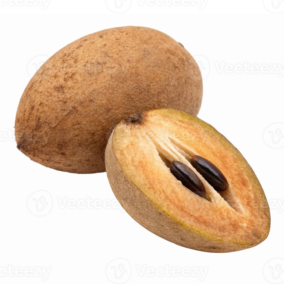 Fresh Sapodilla Fruit Halved with Brown Skin and Sweet Yellow Flesh on Transparent Background png