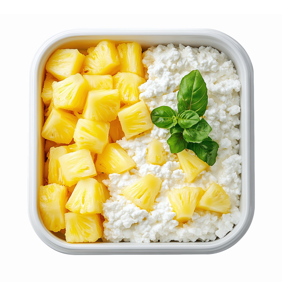 Healthy Cottage Cheese Bowl with Pineapple Chunks and Fresh Basil for Nutritious Snack png