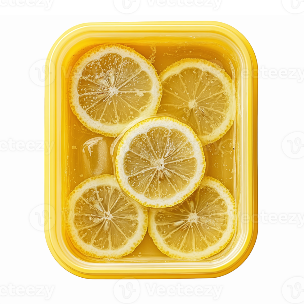 Fresh Lemon Slices in Yellow Container with Refreshing Lemonade Drink Above View png