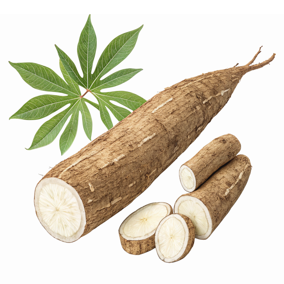 Fresh Cassava Root with Sliced Pieces and Green Leaves on Transparent Background png