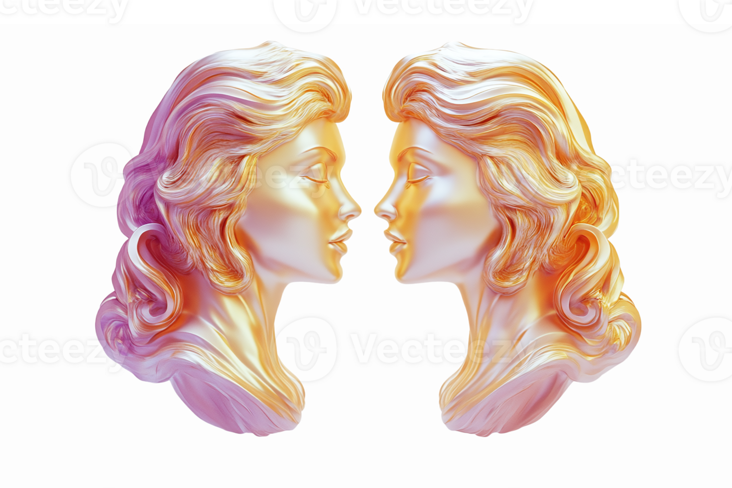 Abstract Twin Female Busts Side Profile with Flowing Hair in Soft Pastel Colors on Transparent Background png