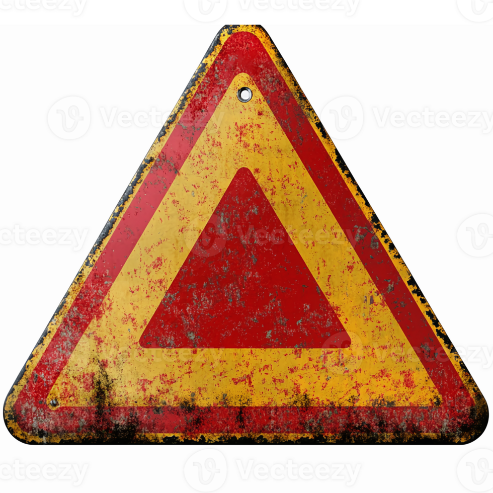 Rusty Warning Sign with Yellow and Red Triangle Design for Traffic Safety Applications png