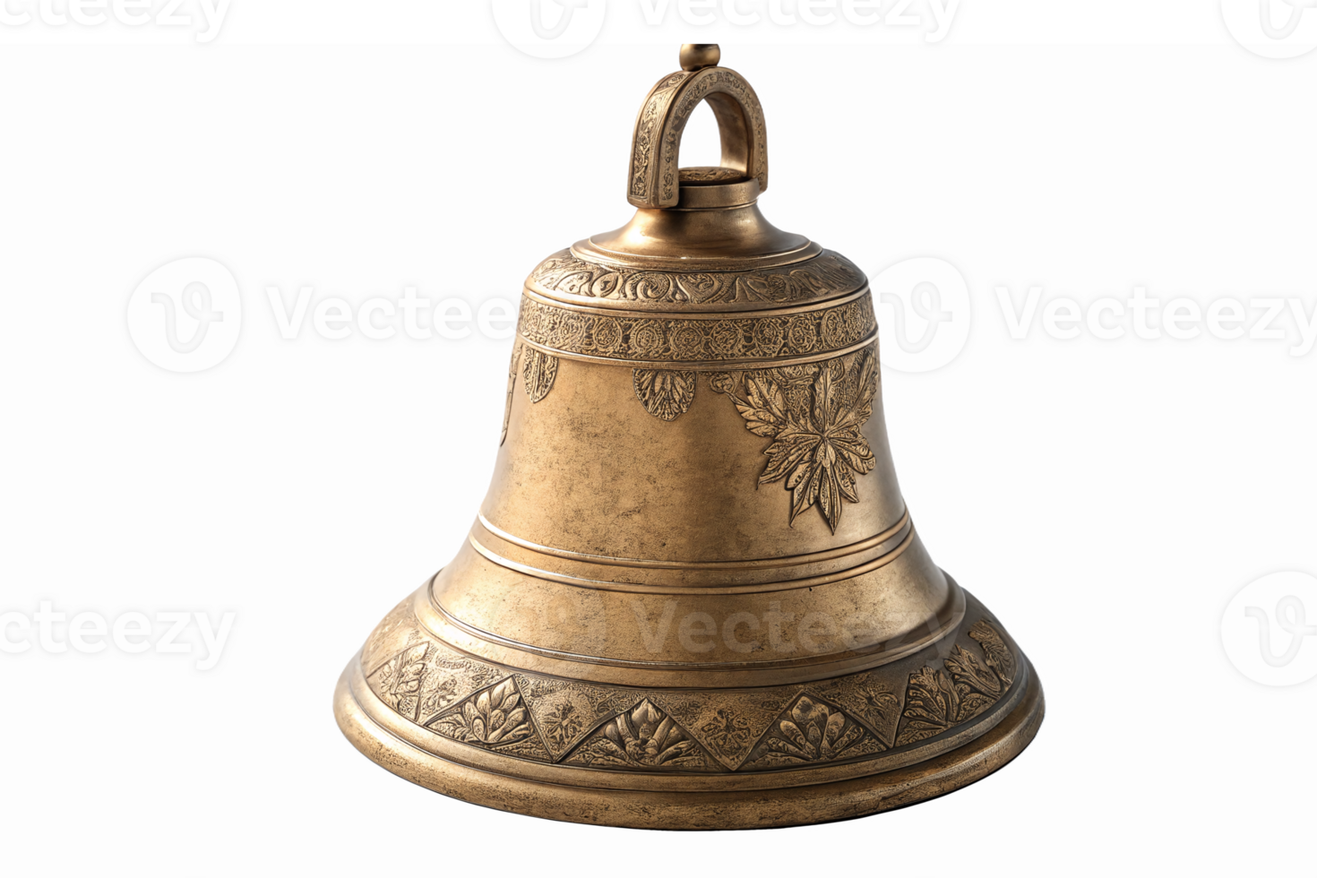 Detailed Vintage Bronze Bell with Floral Engravings for Decorative and Cultural Use png
