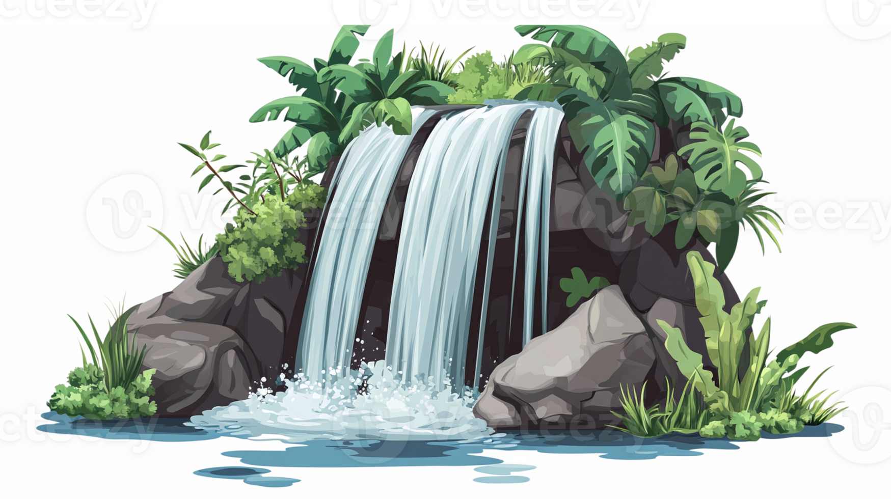 Serene Tropical Waterfall Cascade Surrounded by Lush Greenery and Rocks in a Tranquil Environment png