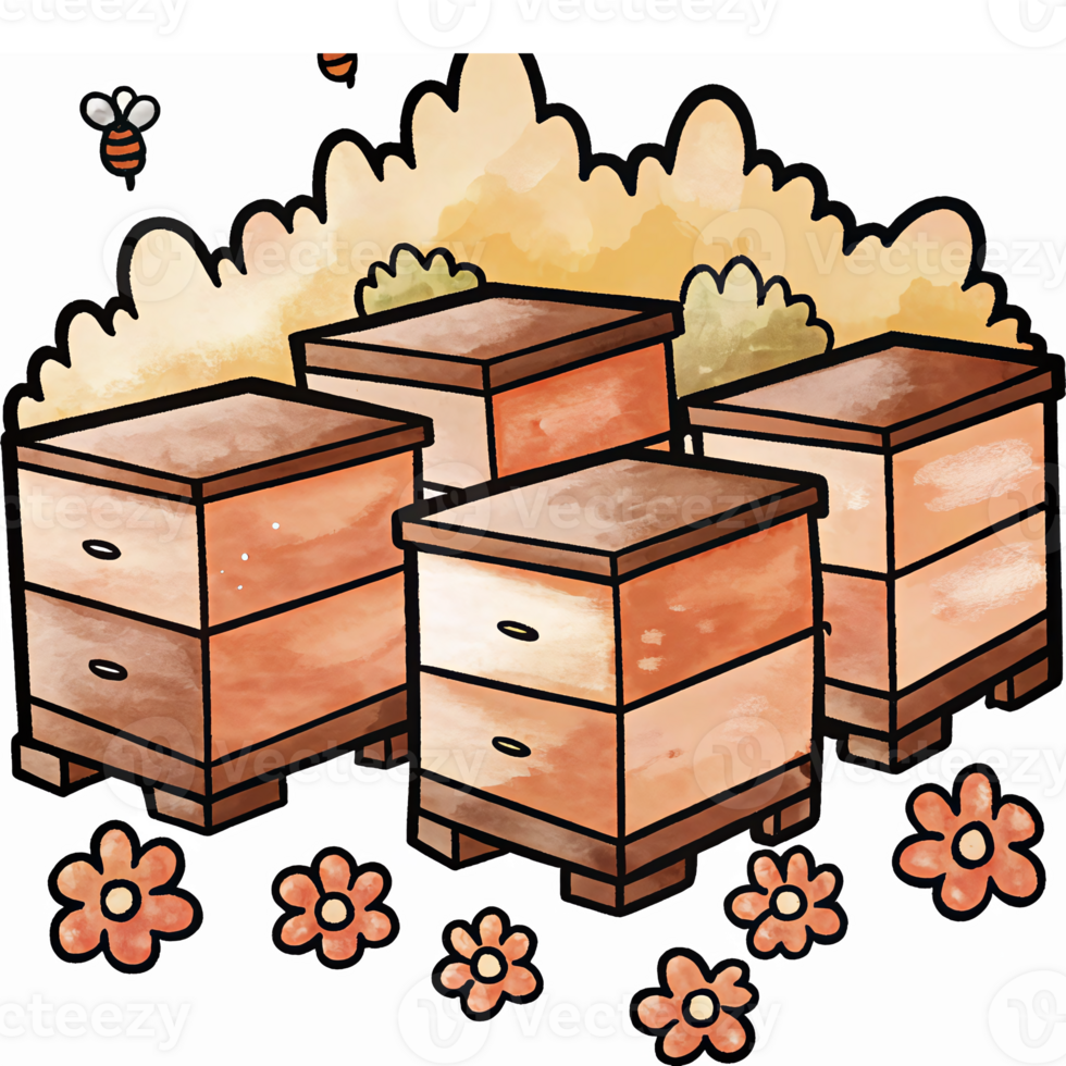 Beehives Surrounded by Flowers and Bees in a Colorful Nature Setting png
