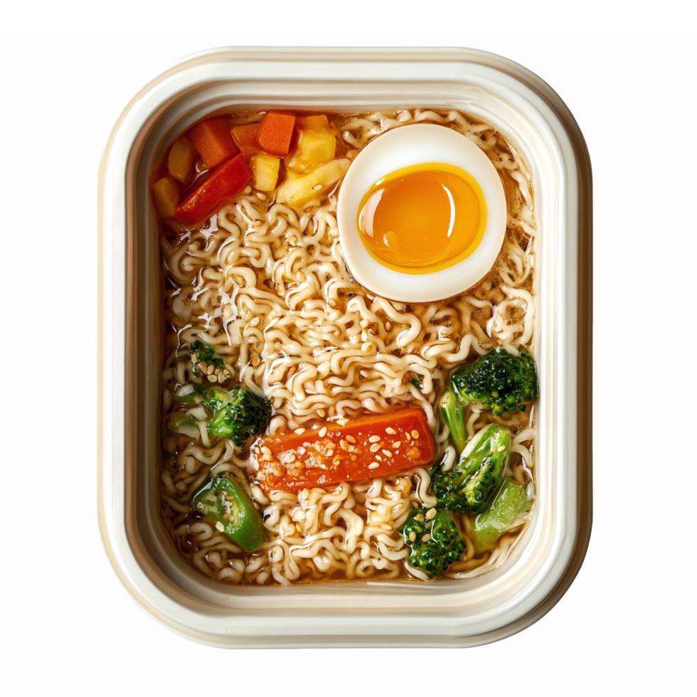 Delicious Instant Noodle Bowl with Fresh Vegetables and Soft Boiled Egg for Quick Meal Prep png