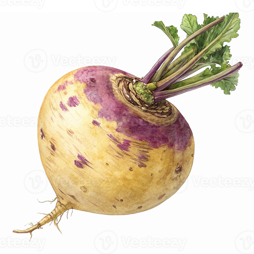 Illustration of a Fresh Purple and Yellow Turnip with Green Leaves on Transparent Background png
