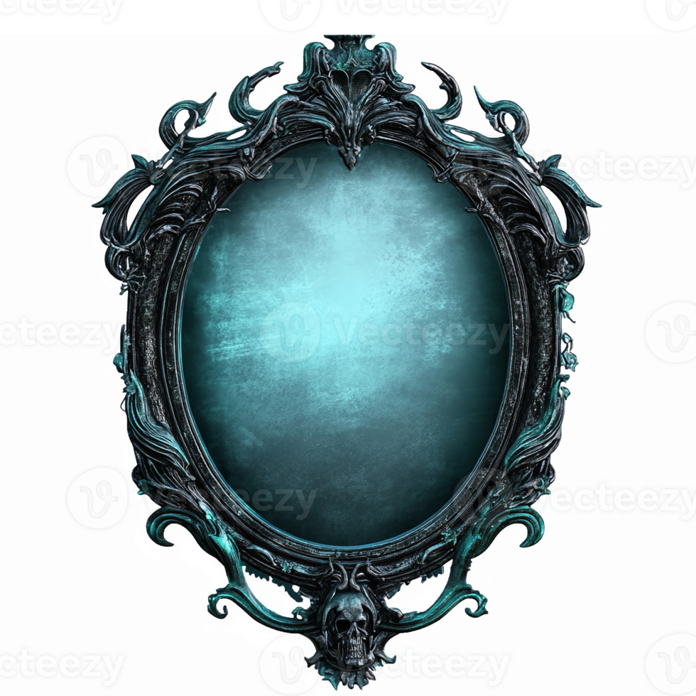 Antique Gothic Mirror with Ornate Frame and Mystical Turquoise Background png