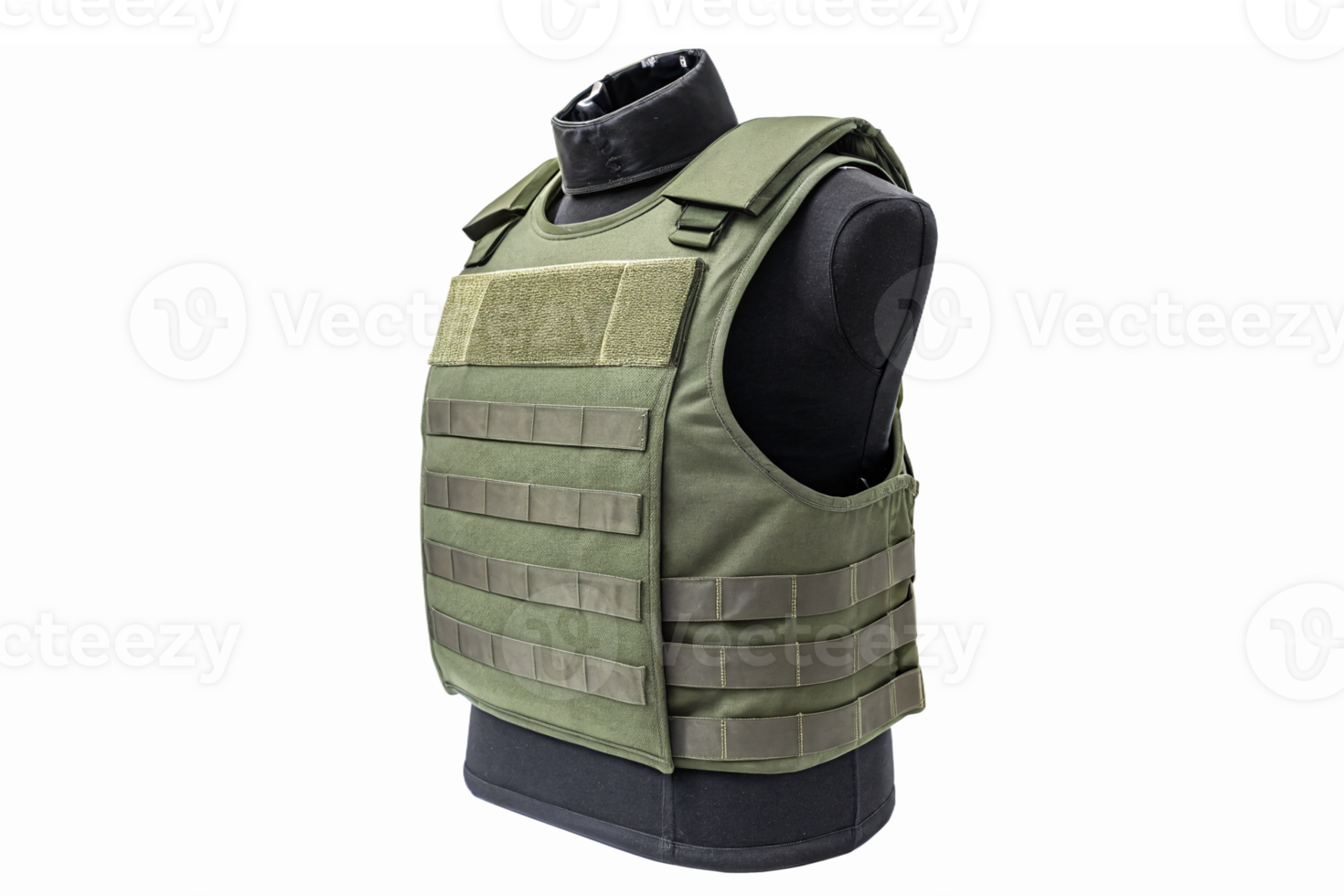 Tactical Green Bulletproof Vest Model Displayed on Mannequin with Modular Design for Security Applications png