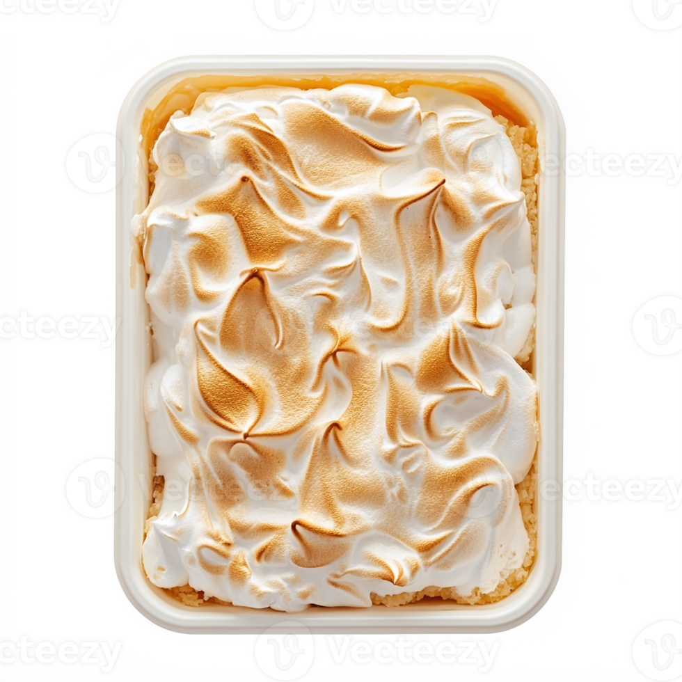 Delicious Meringue Dessert Topped with Golden Toasted Peaks in a Rectangular Dish png