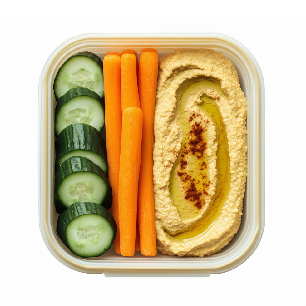 Healthy Snack Box with Hummus Carrots and Cucumber Sticks for Nutritious Eating png