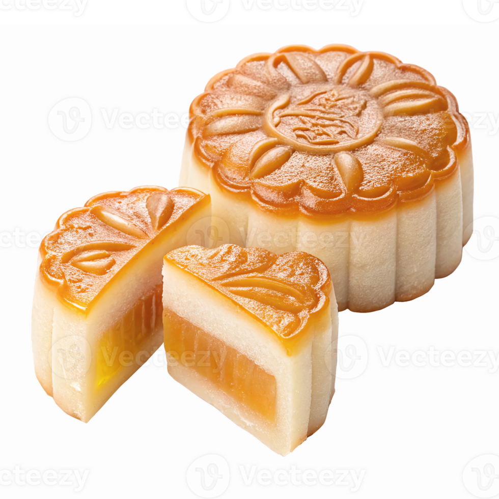 Traditional Mooncake with a Floral Design and Cut Slice Displaying Golden Filling png