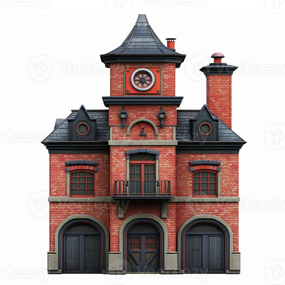 Victorian Style Red Brick Building with Clock Tower and Arched Windows for Architectural Design png