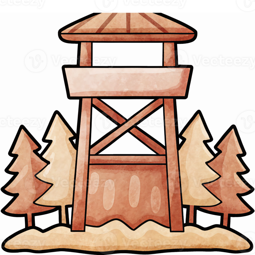 Wooden Watchtower Surrounded by Pine Trees in a Calm Forest Landscape png