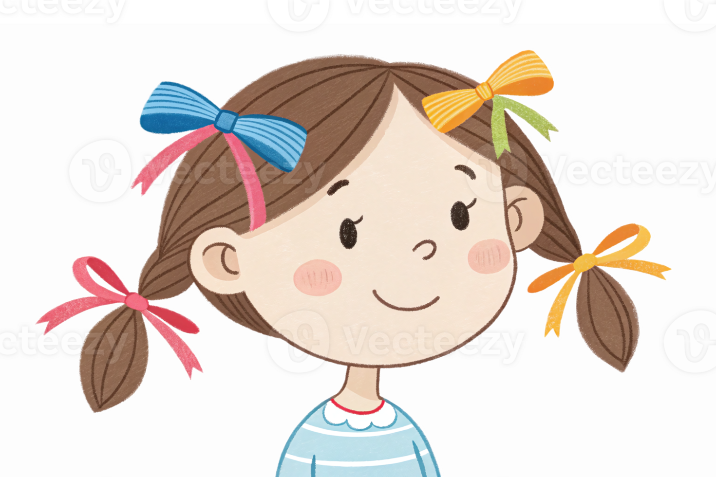 Cheerful Girl with Pigtails and Colorful Bows Smiling in Playful Cartoon Style png