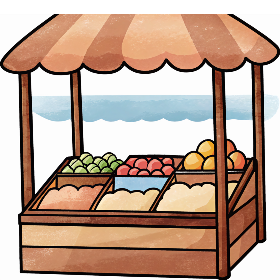 Colorful Fruit and Vegetable Market Stall with Canopy and Display Bins for Fresh Produce png