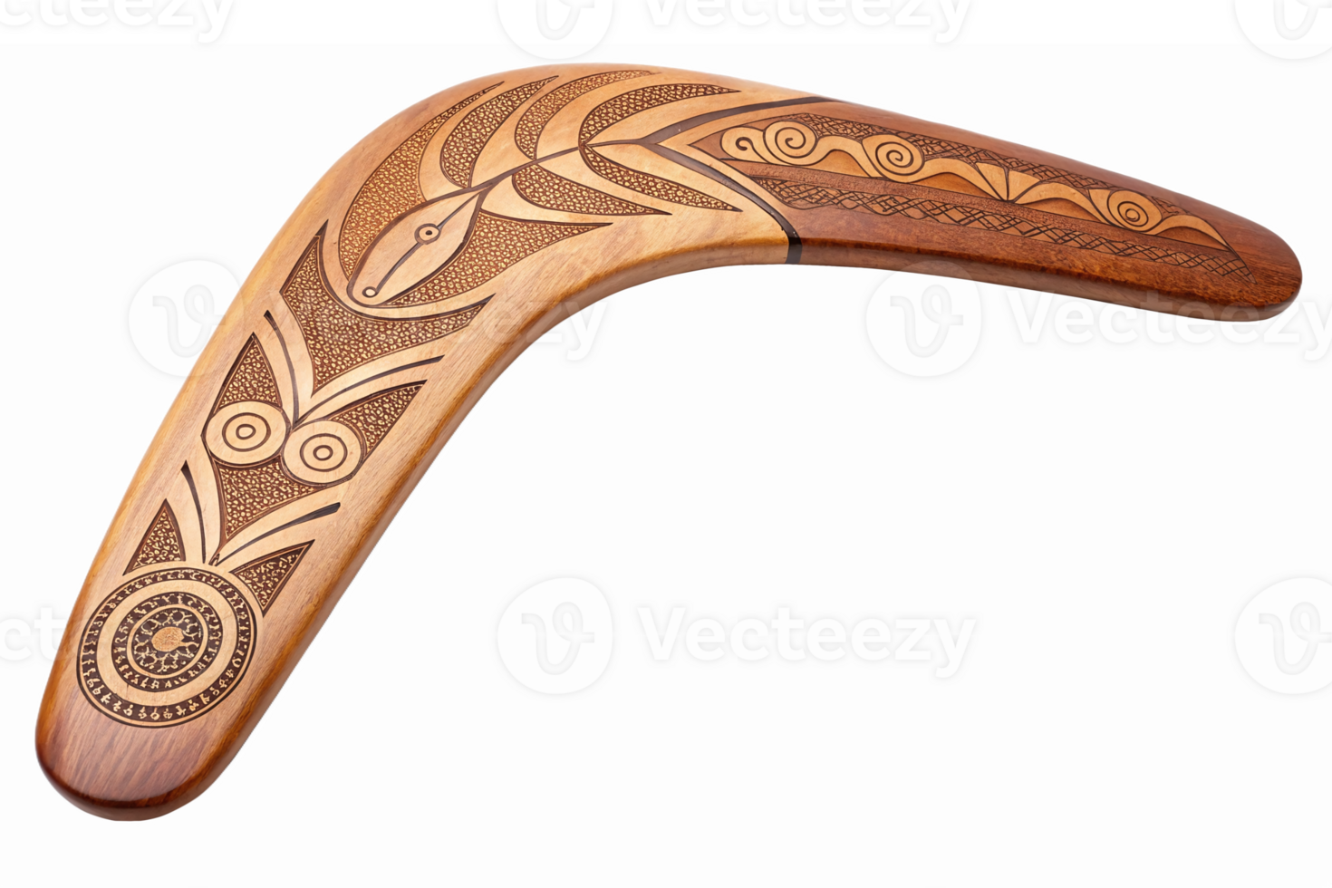 Traditional Handcrafted Wooden Boomerang with Intricate Indigenous Patterns and Designs png