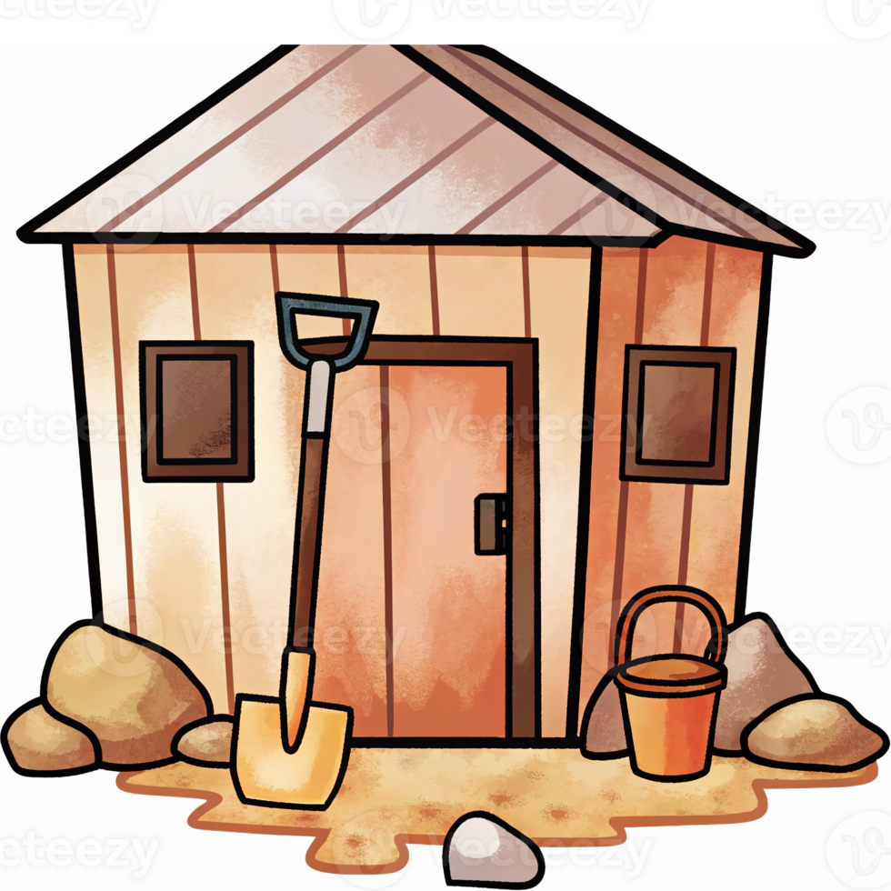 Charming Wooden Shed with Shovel and Bucket Surrounded by Rocks and Sand png