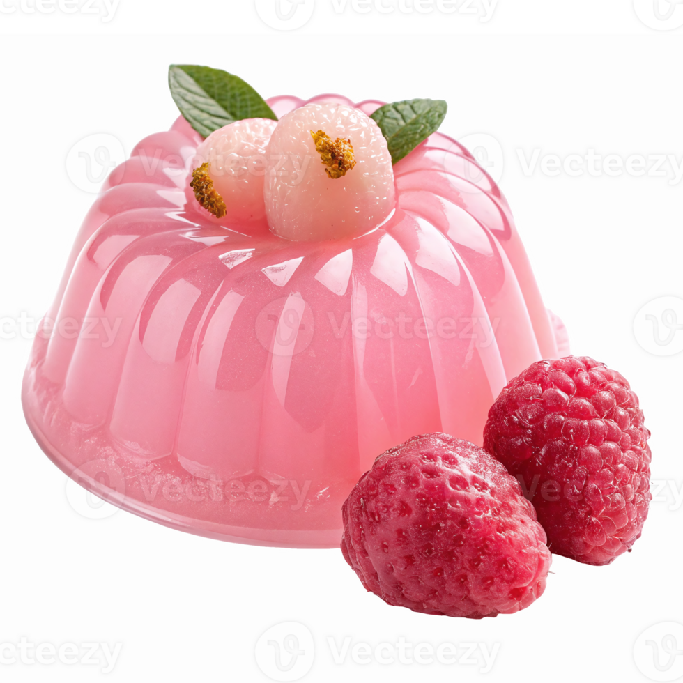 Vibrant Pink Jelly Dessert with Lychee and Raspberries Delicately Plated for Culinary Presentation png