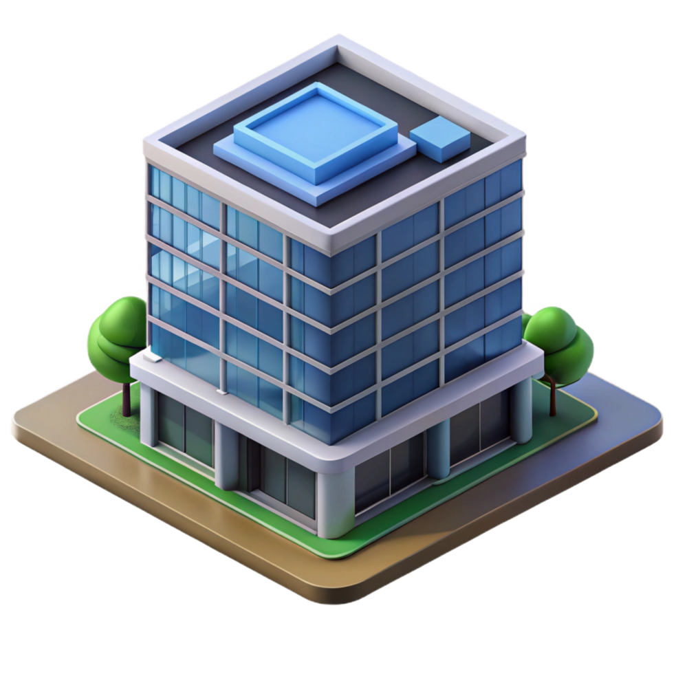 beautiful rustic Isometric view of a contemporary office building, detailed png